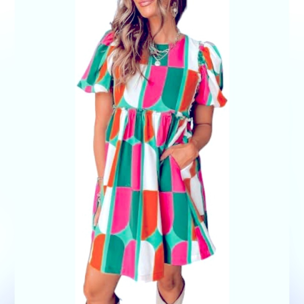 Beautiful Dress, Puff sleeves, short, multicolored, used Xl, $10.00